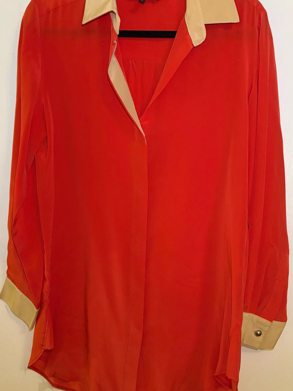 Karina Grimaldi Red Button-Front Blouse with Cream Contrast Trim